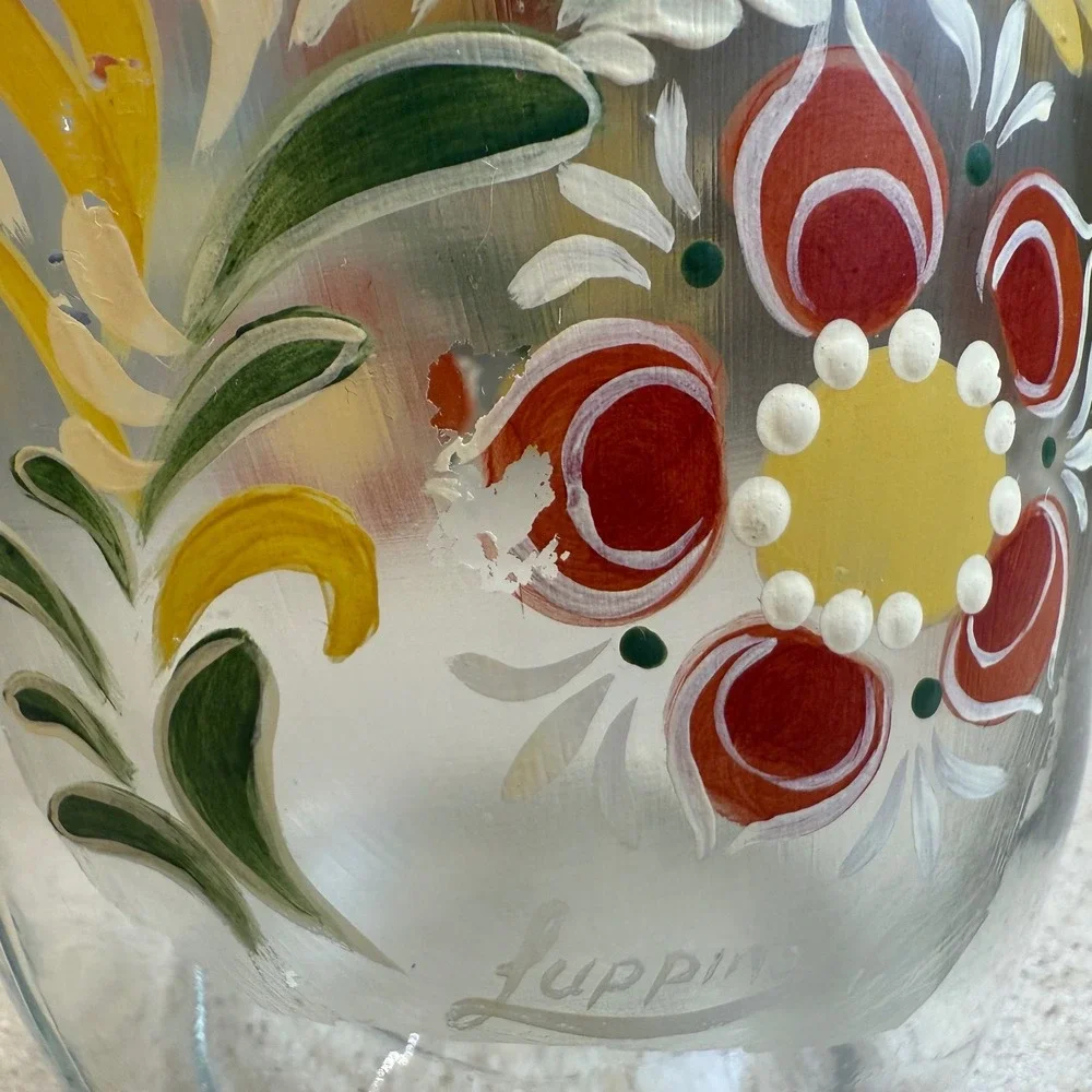 Vintage 1982 Luppino Hand Painted Floral Glass Canister 1.5L Wire Bale Jar
